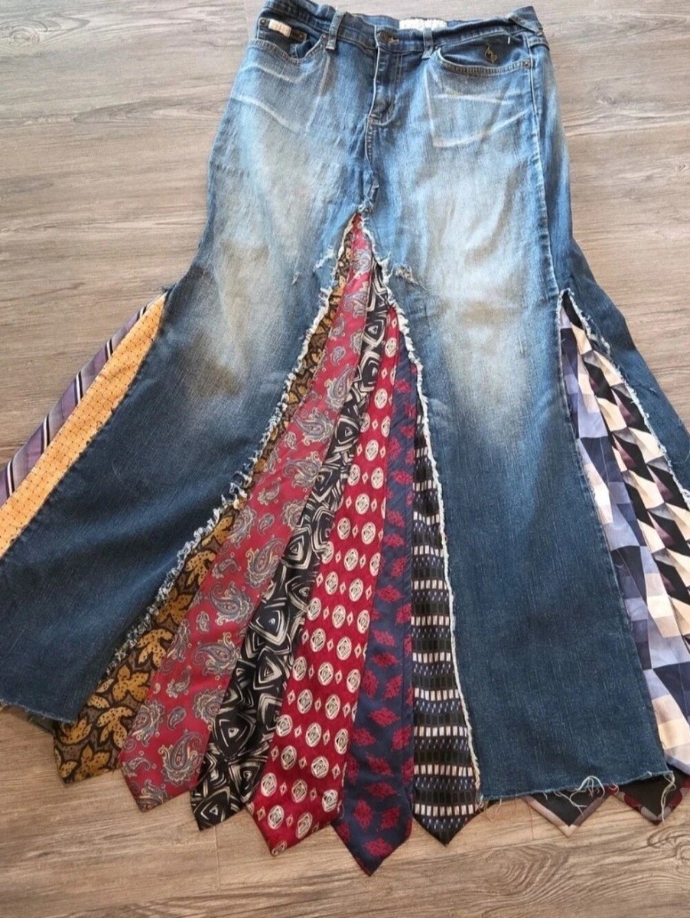 Vntg Baby PHAT Upcycled  Neck Tie Inserts Denim Maxi Skirt  Sz 11 Retro HIPSTER